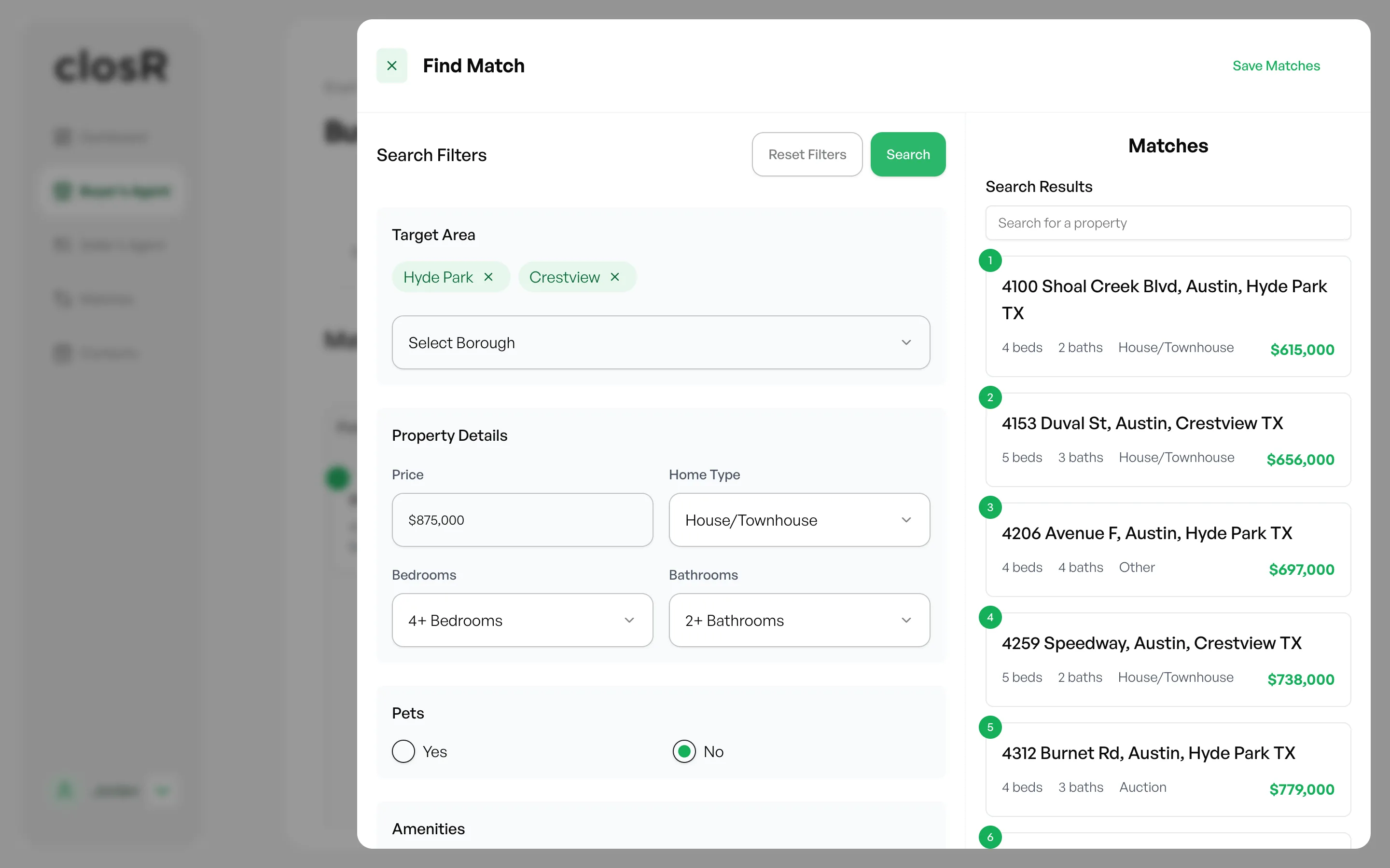 Closr: Find Matches starts from the buyer's own criteria and returns every market listing that fits.