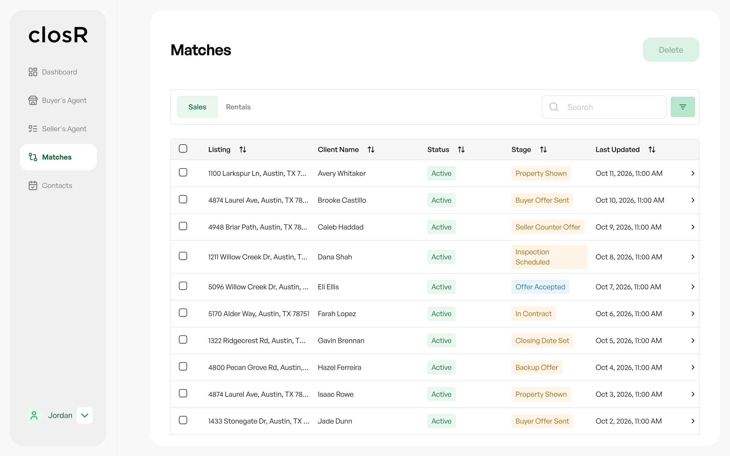 Closr: One pipeline for every deal, from property shown through offers, inspection and closing.
