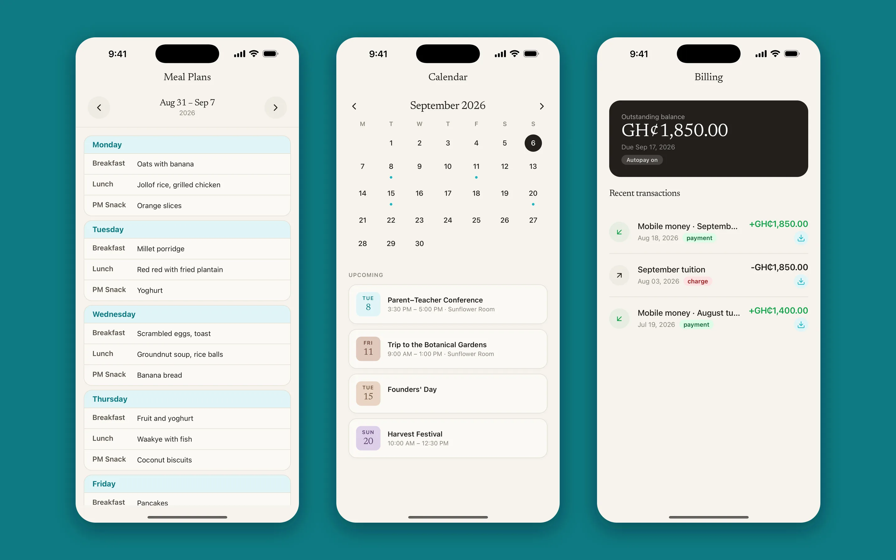 LiddleCare Parents Portal: The week's meals, the term calendar and the family's bill, kept in one place.