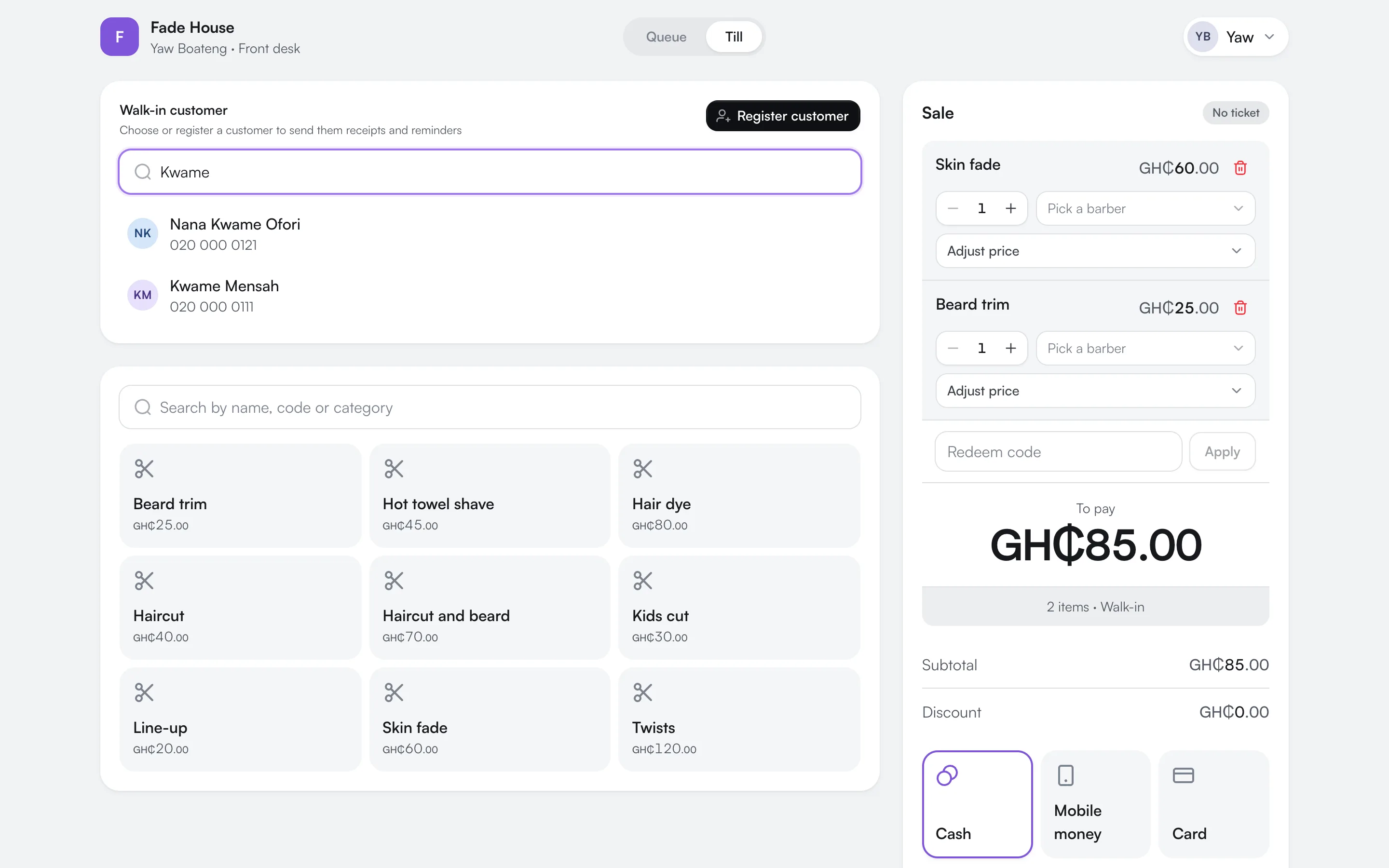 tevBarb: The till builds a sale from services and products, ties it to a customer and takes payment.