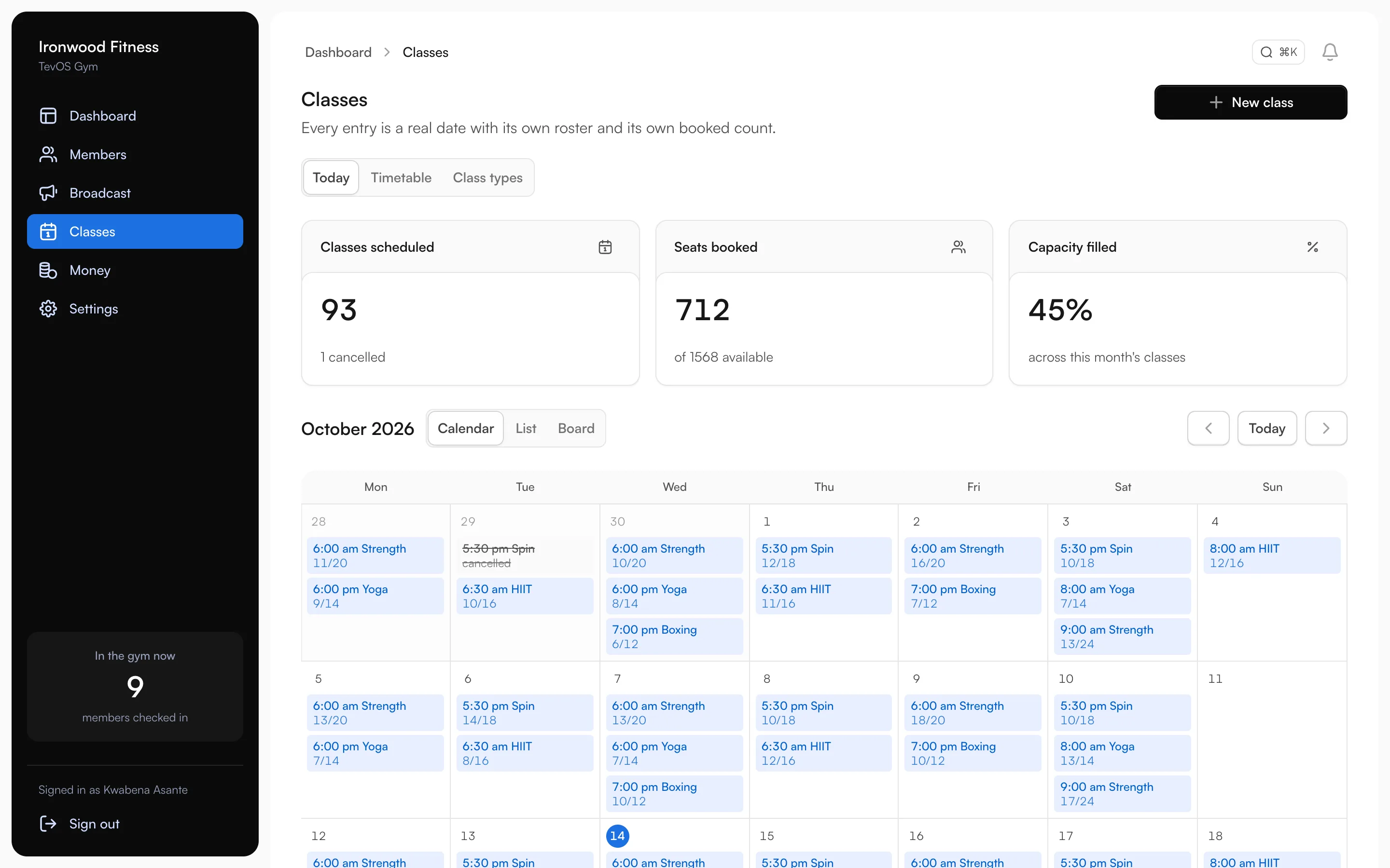 tevGYM: Every class is a real date with its own booked count, so capacity is tracked session by session.
