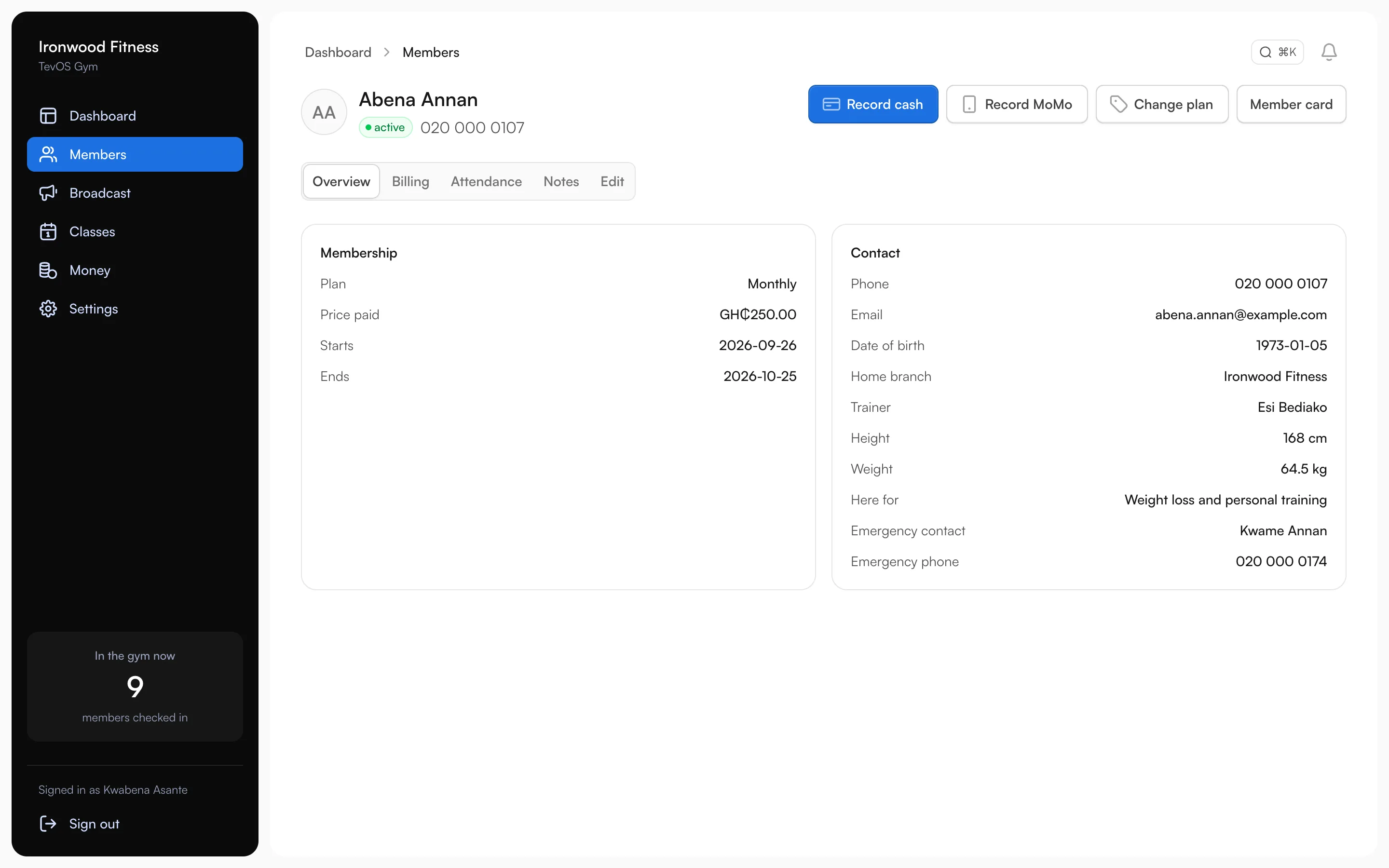 tevGYM: A member's record keeps the plan, the price they paid and their contact details together, with payment one click away.